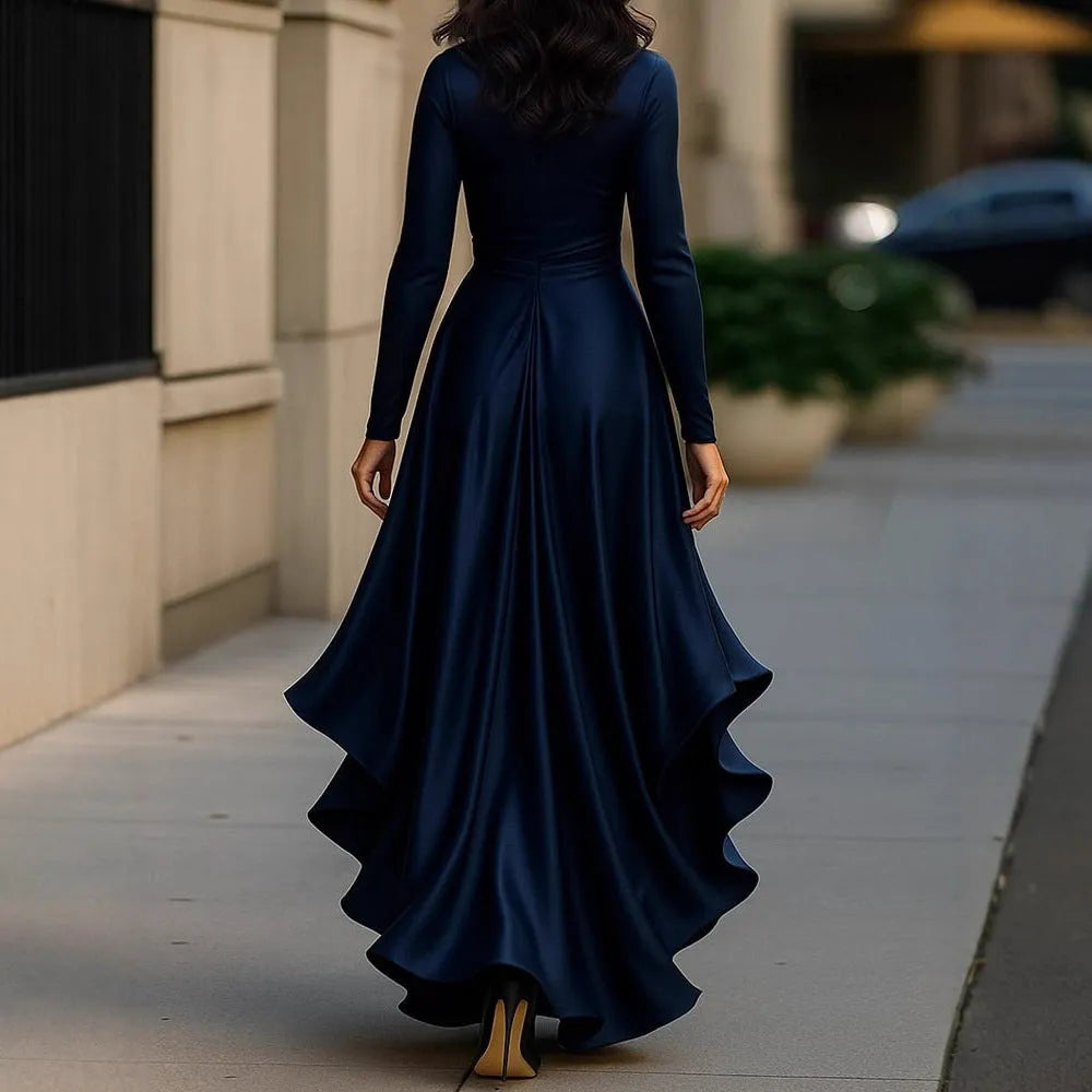 V-neck high waist asymmetric hem dress in polyester available in navy blue wine red and black