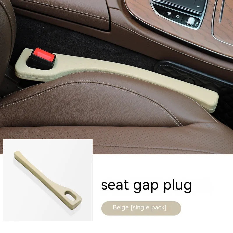 Flexible polyurethane car seat gap filler strips in black, brown, red, and beige colours with installation rod.