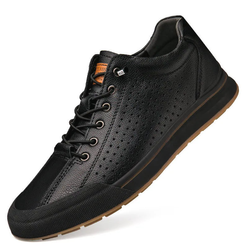 Men's white matte leather casual shoes with round toe and flat heel design