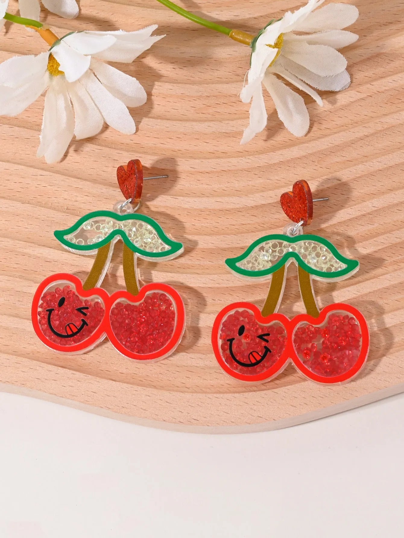 Acrylic fruit earrings for women showing cherry, strawberry, watermelon, pineapple designs