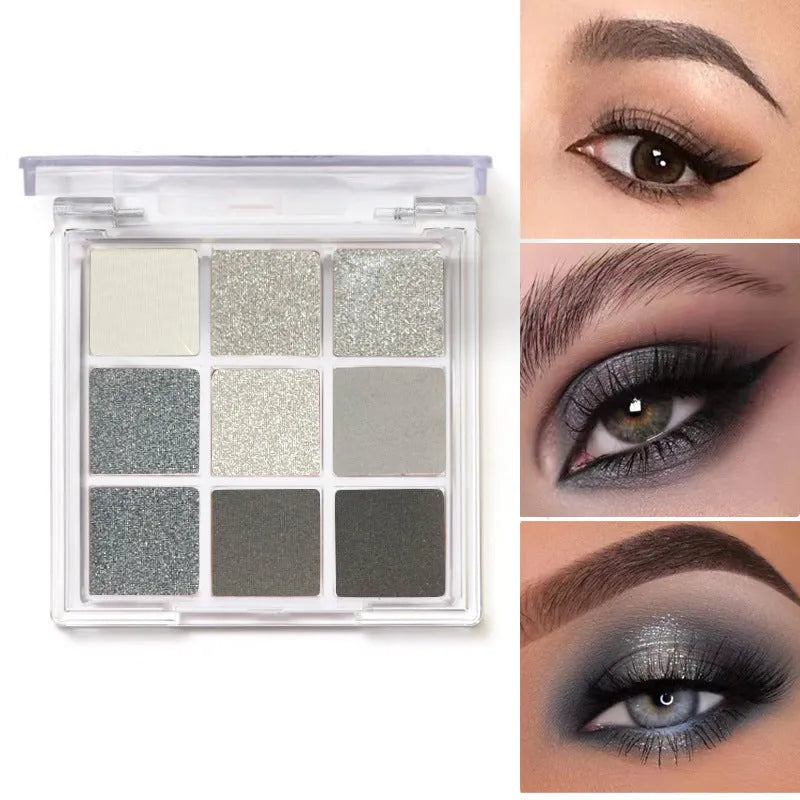 Smoked nine-colour eye shadow palette showing white, silver, black and grey shades