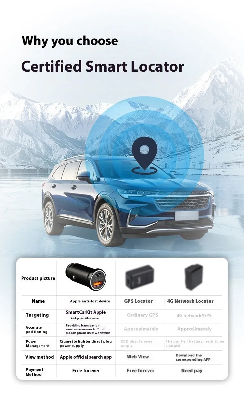 Black car charger GPS vehicle locator made from ABS plastic on a white background.