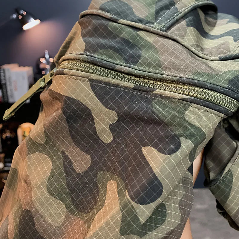 Men's camouflage cargo shorts with quick-dry cotton blend fabric and loose fit design
