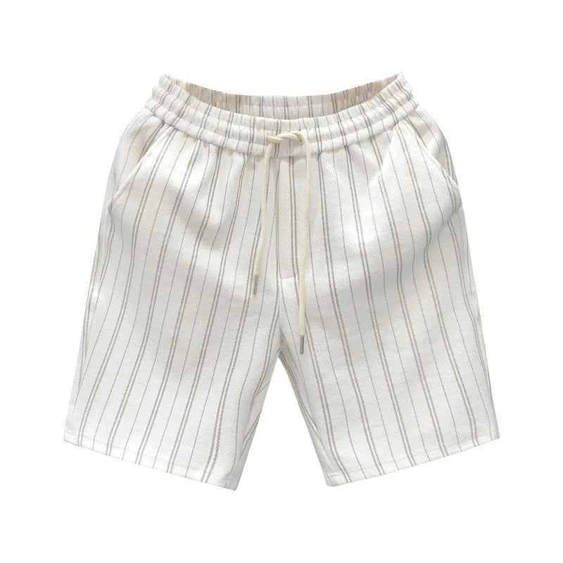 Men's black and white striped fleece-lined casual shorts with elastic waistband showing straight leg ankle banded design