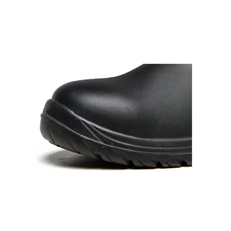 Black leather safety boots with high-top design and anti-piercing sole for industrial work