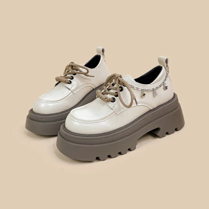 White PU leather Mary Jane platform shoes with thick chunky heel and front lace-up in XINGX bear colour.