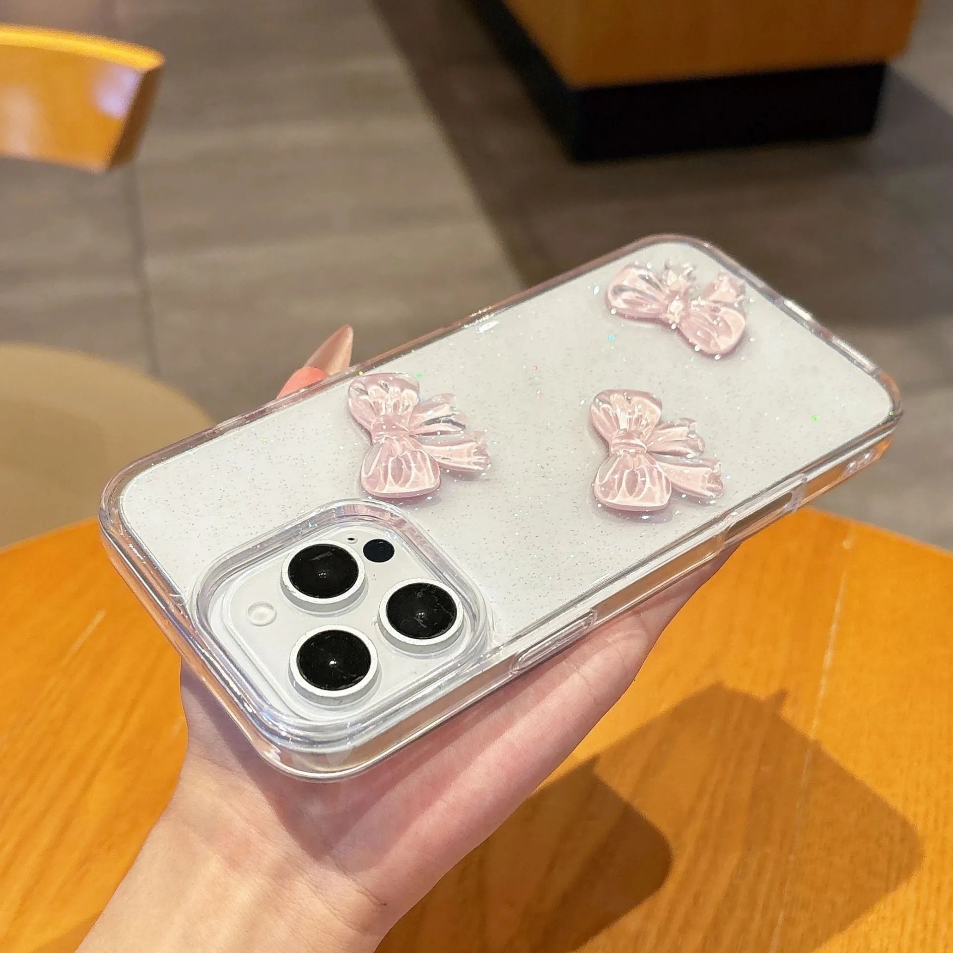 Pink bow knot epoxy transparent phone case with silicone bumper for iPhone