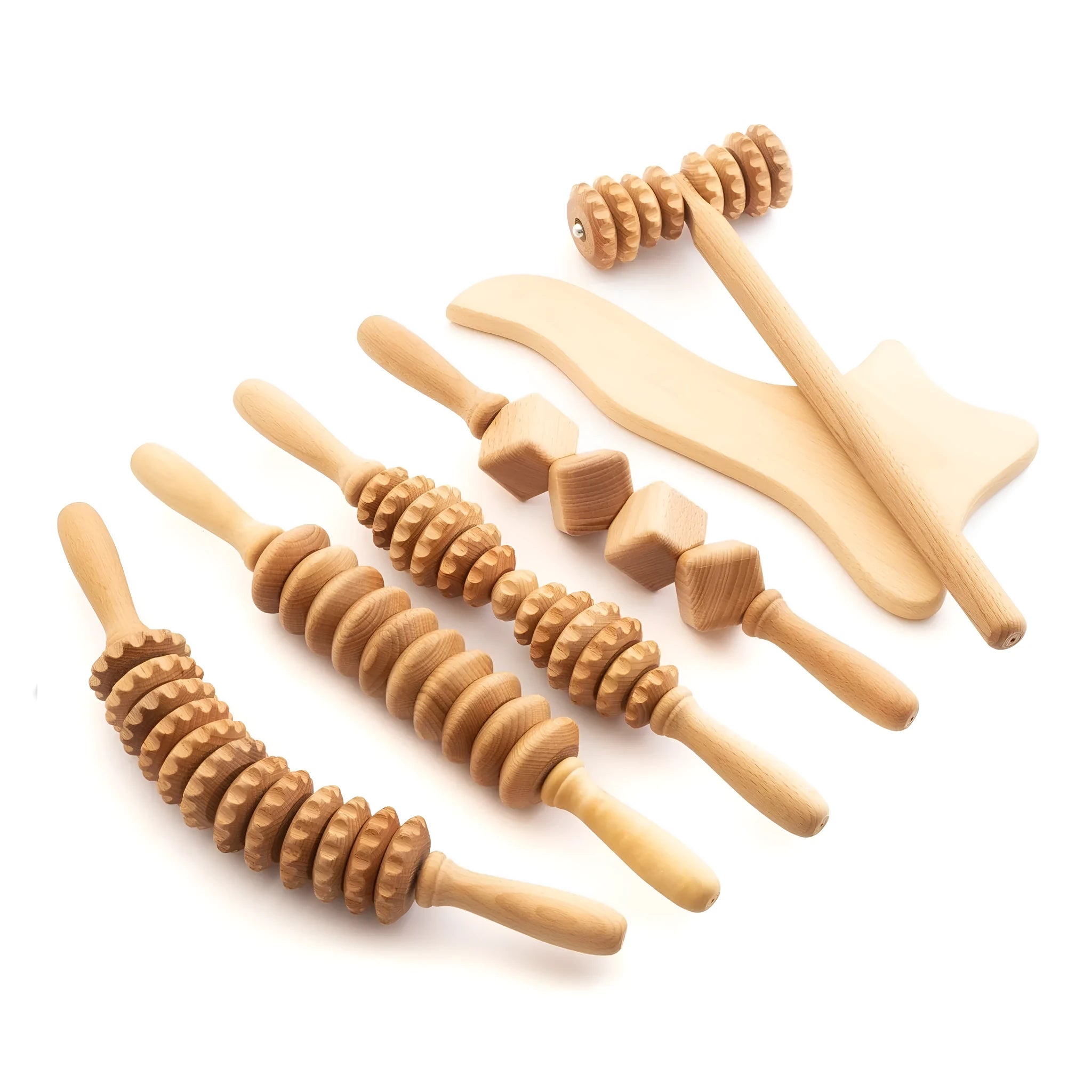 Beech wood massage roller set showing T-shaped roller and multiple wheel attachments for different pressure applications