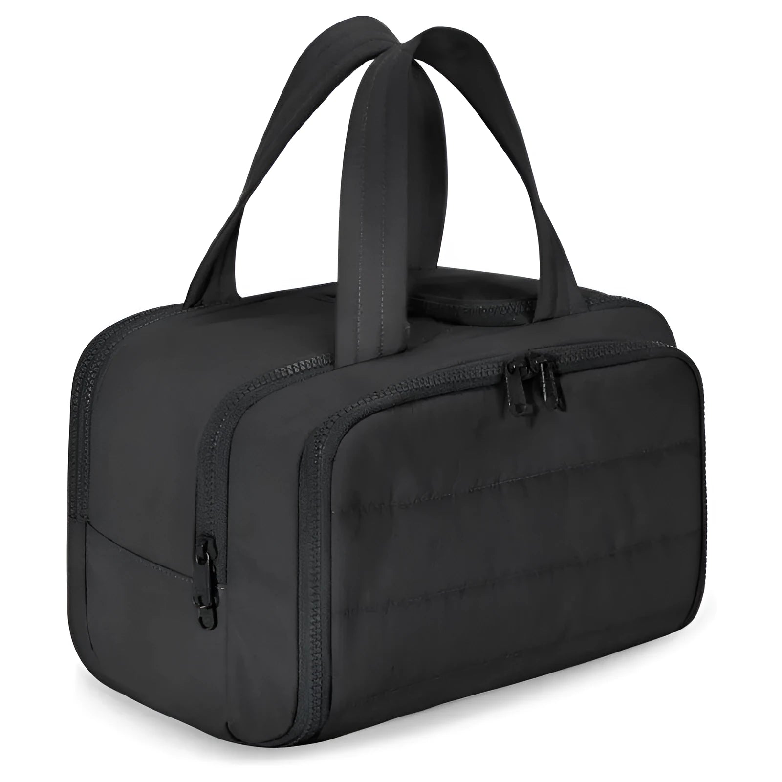 Large beige travel toiletry bag with wide open top, shown next to cosmetic bottles.