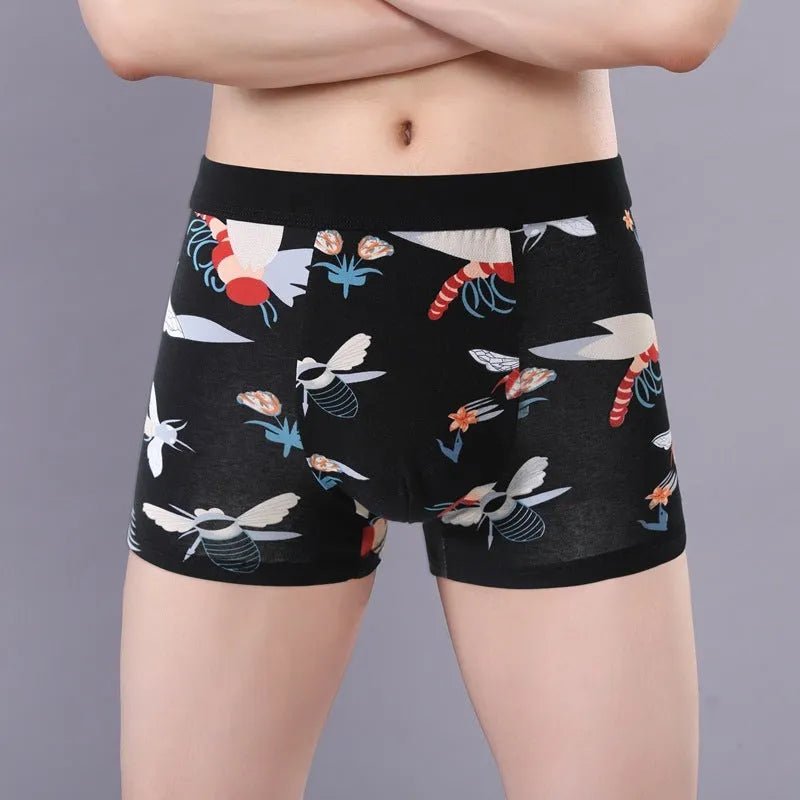 Men's cotton boxer underwear showing U-shaped convex design, mid-rise waistband, and floral pattern options