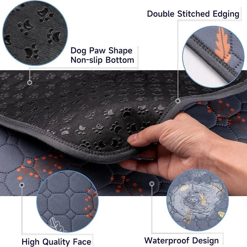 Breathable absorbent machine washable non-slip cloth dog training urine pad in dark grey leaves pattern on floor