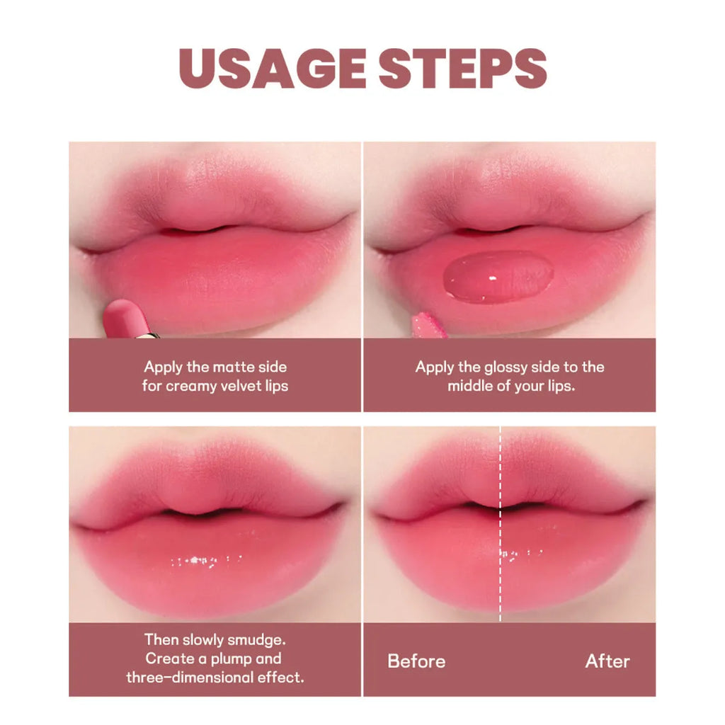 Double-headed lipstick and lip gloss set showing ten colour options with matte finish