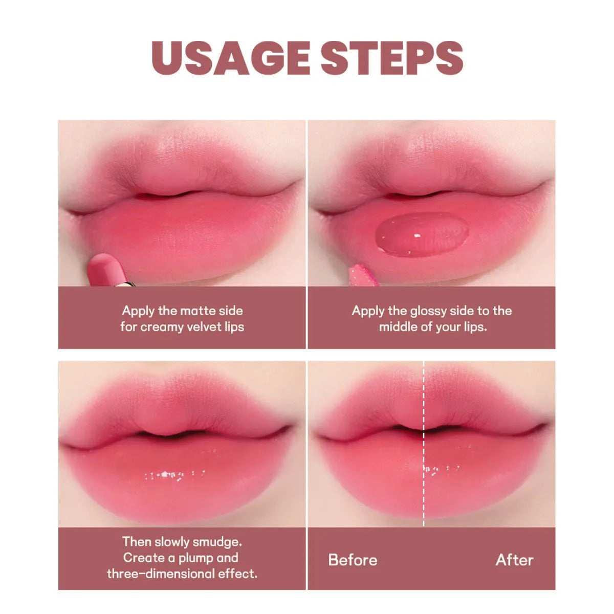 Double-headed lipstick and lip gloss set showing ten colour options with matte finish