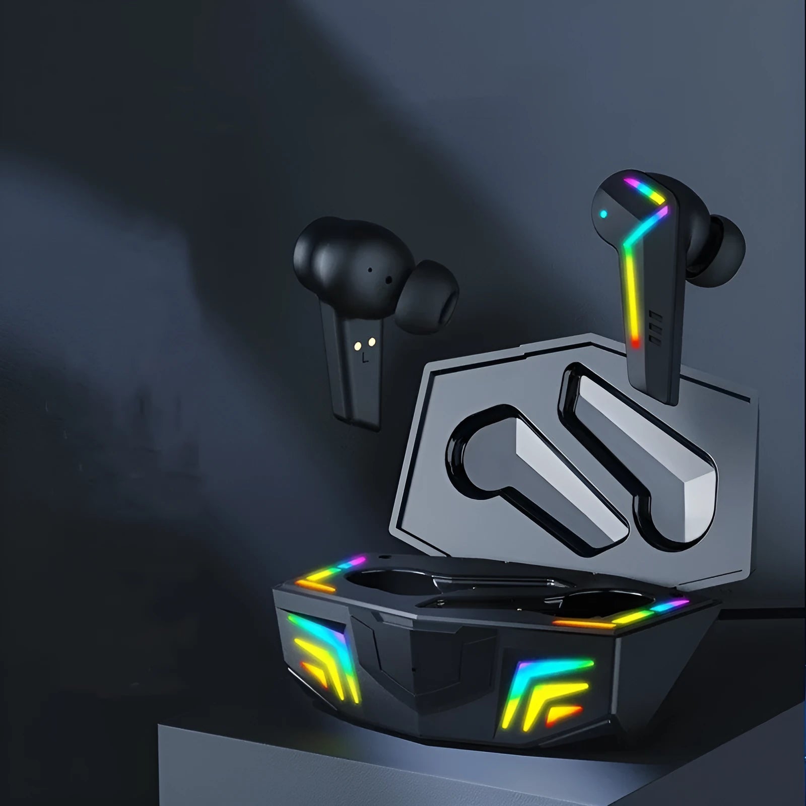 Black TWS Bluetooth gaming headset with low latency and 15-metre wireless range