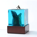 Shark surfing micro landscape night light in clear resin with lamp holder available in 5cm and 8cm sizes