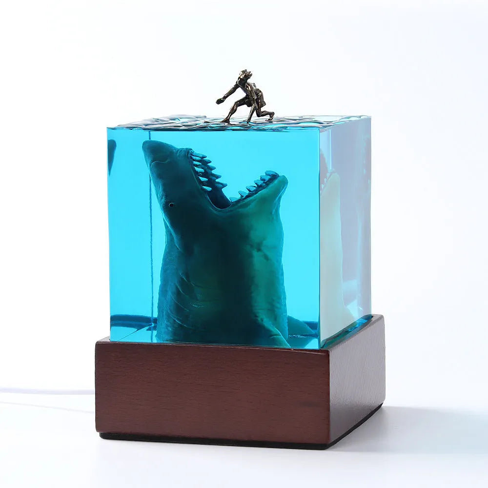 Shark surfing micro landscape night light in clear resin with lamp holder available in 5cm and 8cm sizes