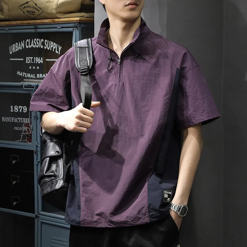 Men's brown ice silk half-zip business casual shirt with stand collar and short sleeves