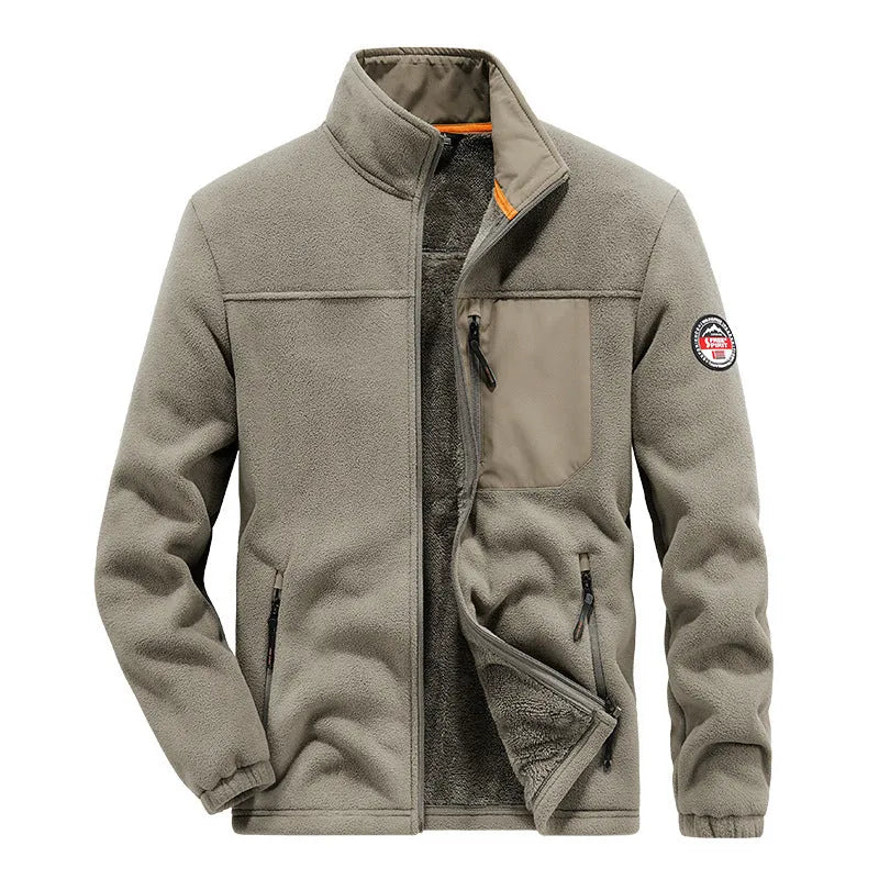 Men's grey thickening spandex fleece cardigan jacket with zipper pockets