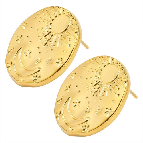 A pair of geometric shell design stud earrings in stainless steel, shown in gold and silver colour options.