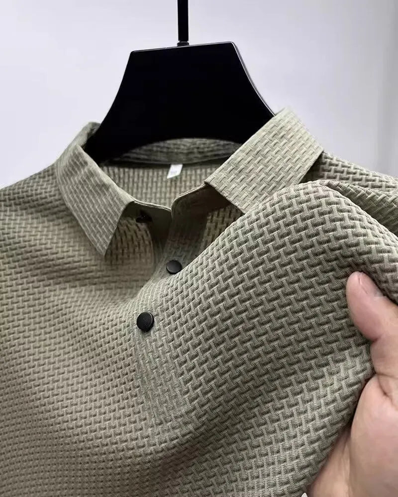 Men's business casual cotton blend short-sleeved lapel polo shirt in Khaki