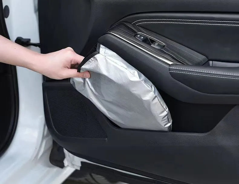 Aluminium foil car sunshade in titanium silver colour showing rectangular shape and reflective surface