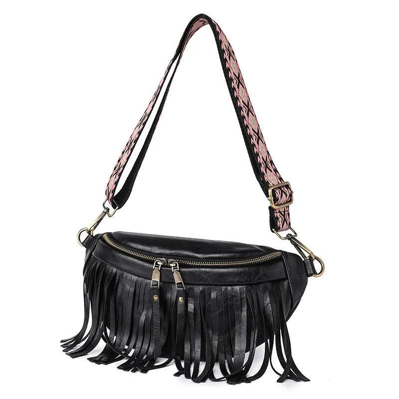 PU leather messenger bag with tassel pleats and retro styling in macaron-gray colour