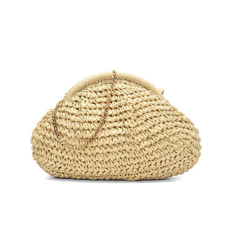 Women's shell-shaped straw shoulder bag with paper construction and zippered interior compartment