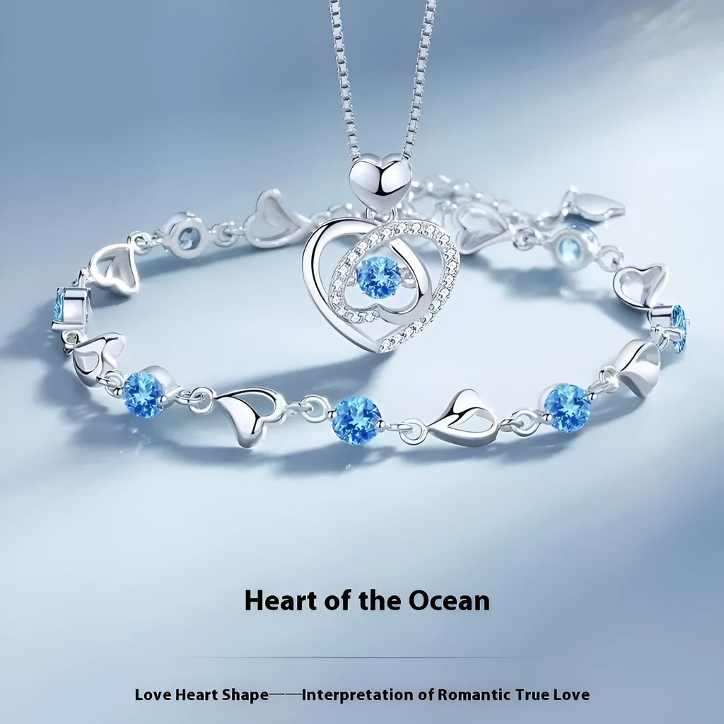 Blue geometric heart necklace and bracelet set with mixed gem inlays on copper chains