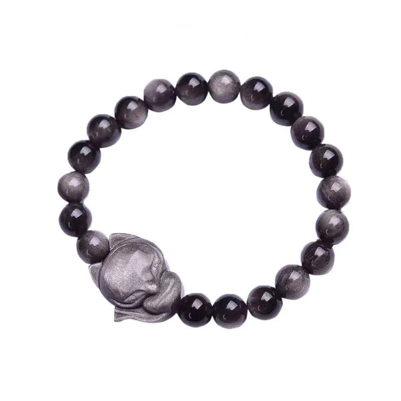 Dark obsidian fox charm bracelet with 8mm stone on silver chain