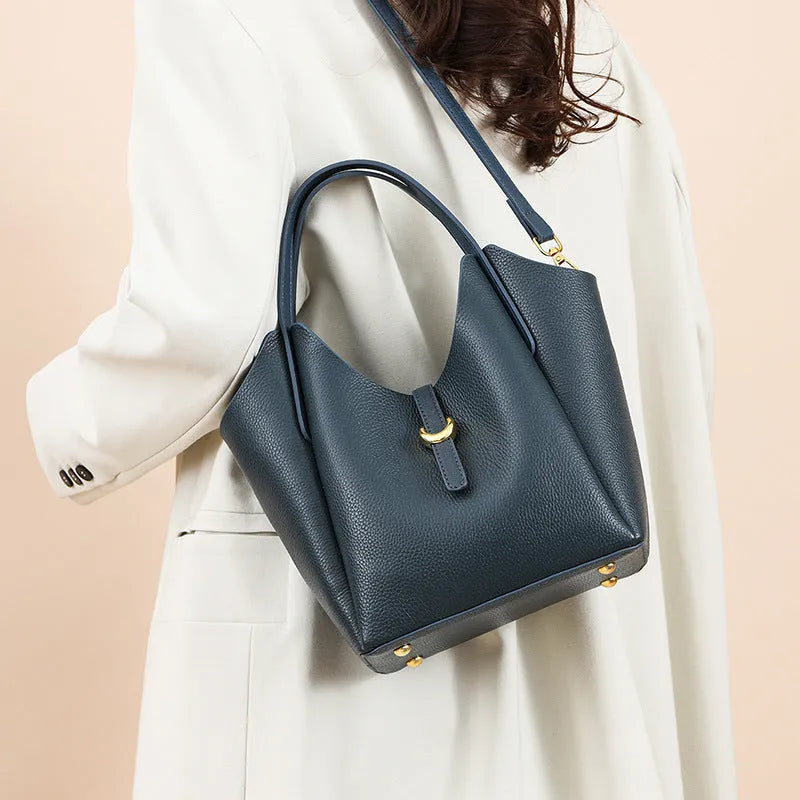 Genuine leather women's bucket bag in retro style with large capacity and file organiser