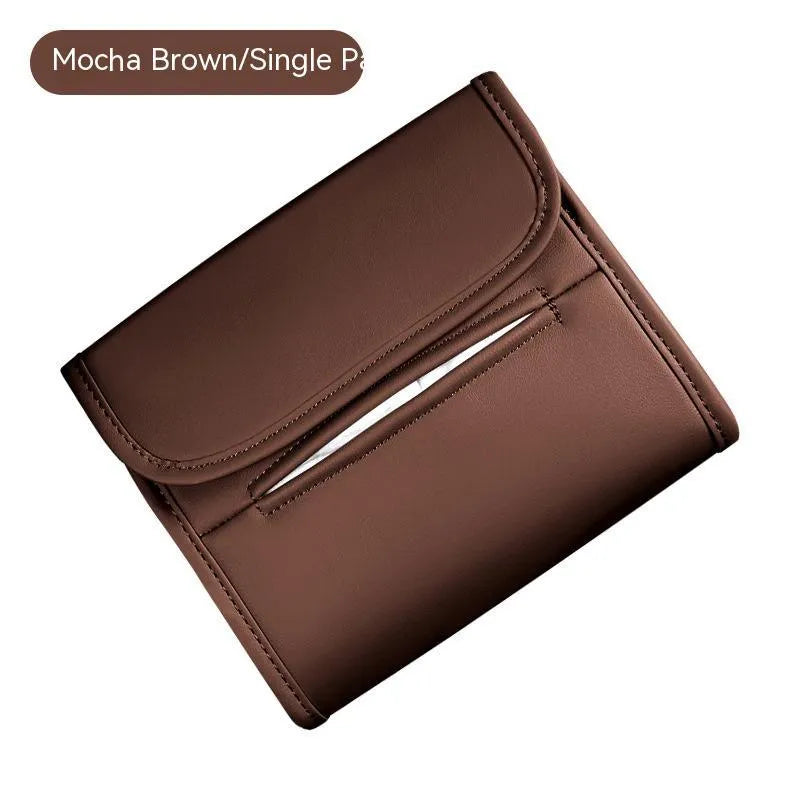 Leather car tissue box holder with elastic band for seat back installation in vehicle