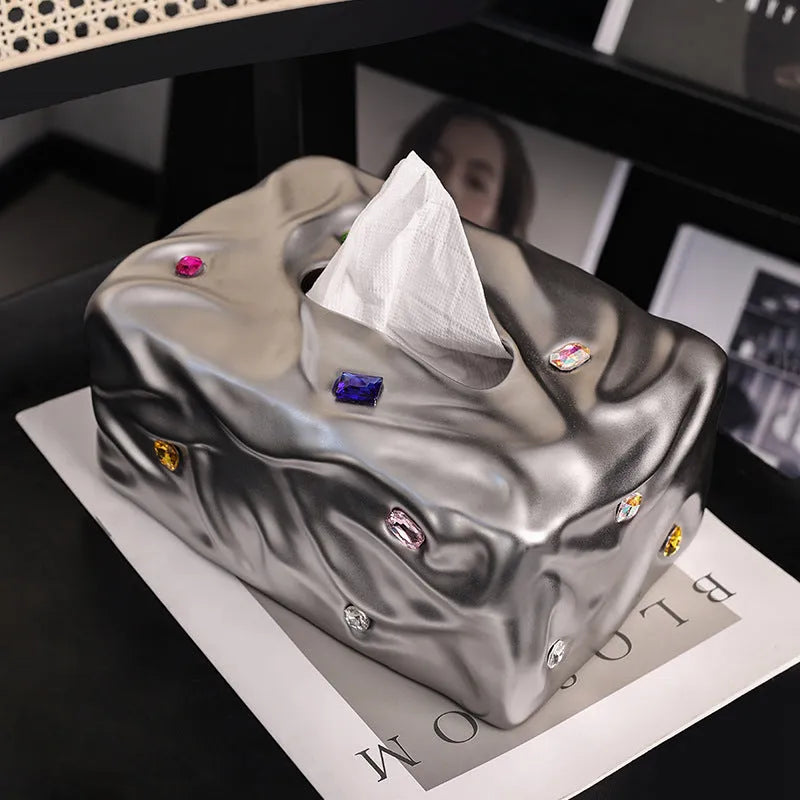 Ceramic tissue box with gem party decoration in matte coconut milk white colour