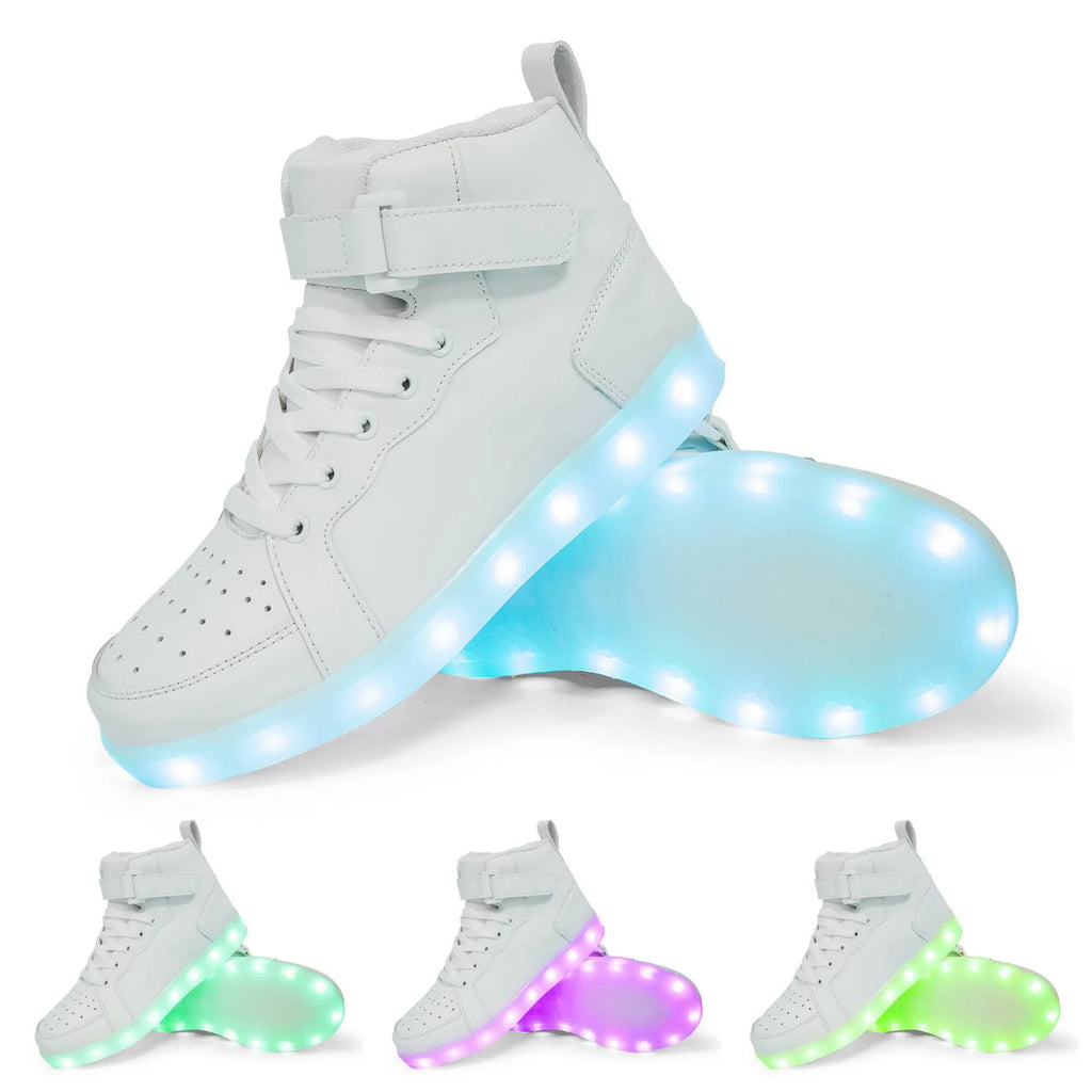 Pair of black high-top shoes with velcro strap and glowing LED lights on the soles.