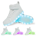 Pair of black high-top shoes with velcro strap and glowing LED lights on the soles.