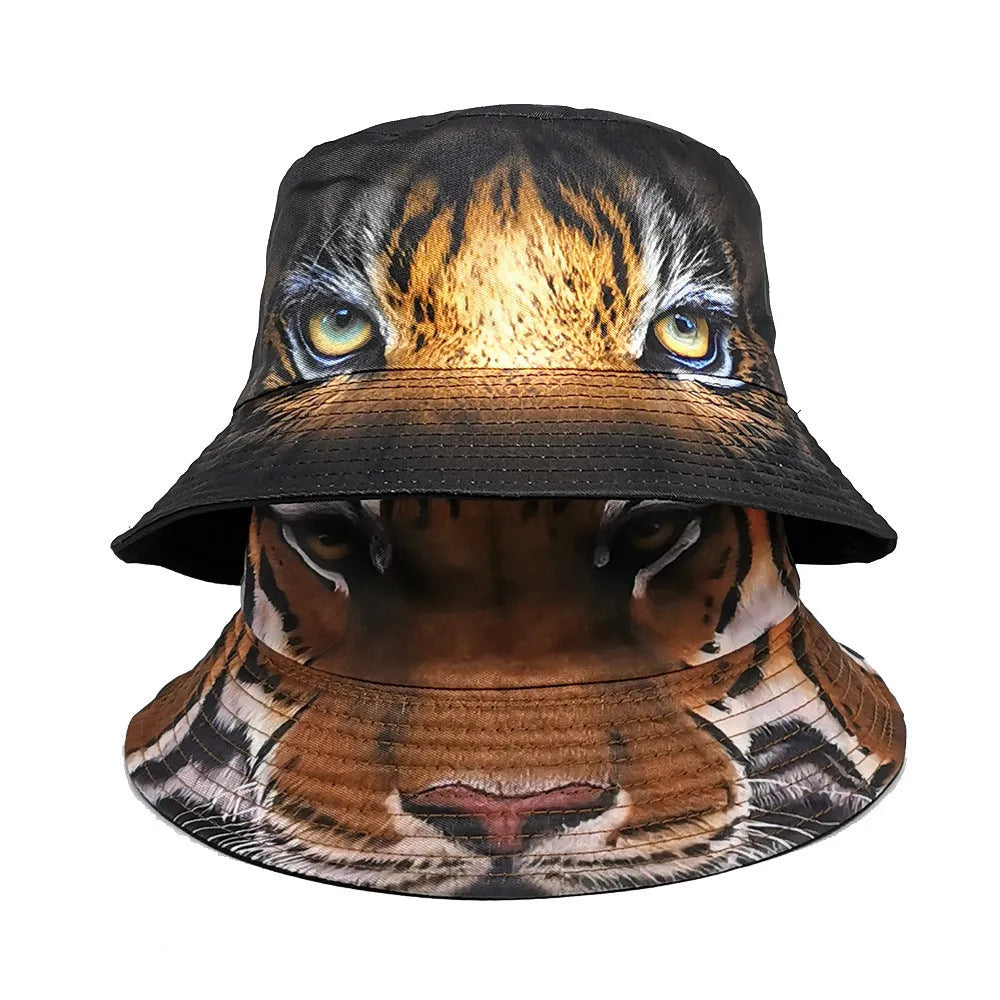 Tiger pattern bucket hat with dome crown in khaki and black colour options