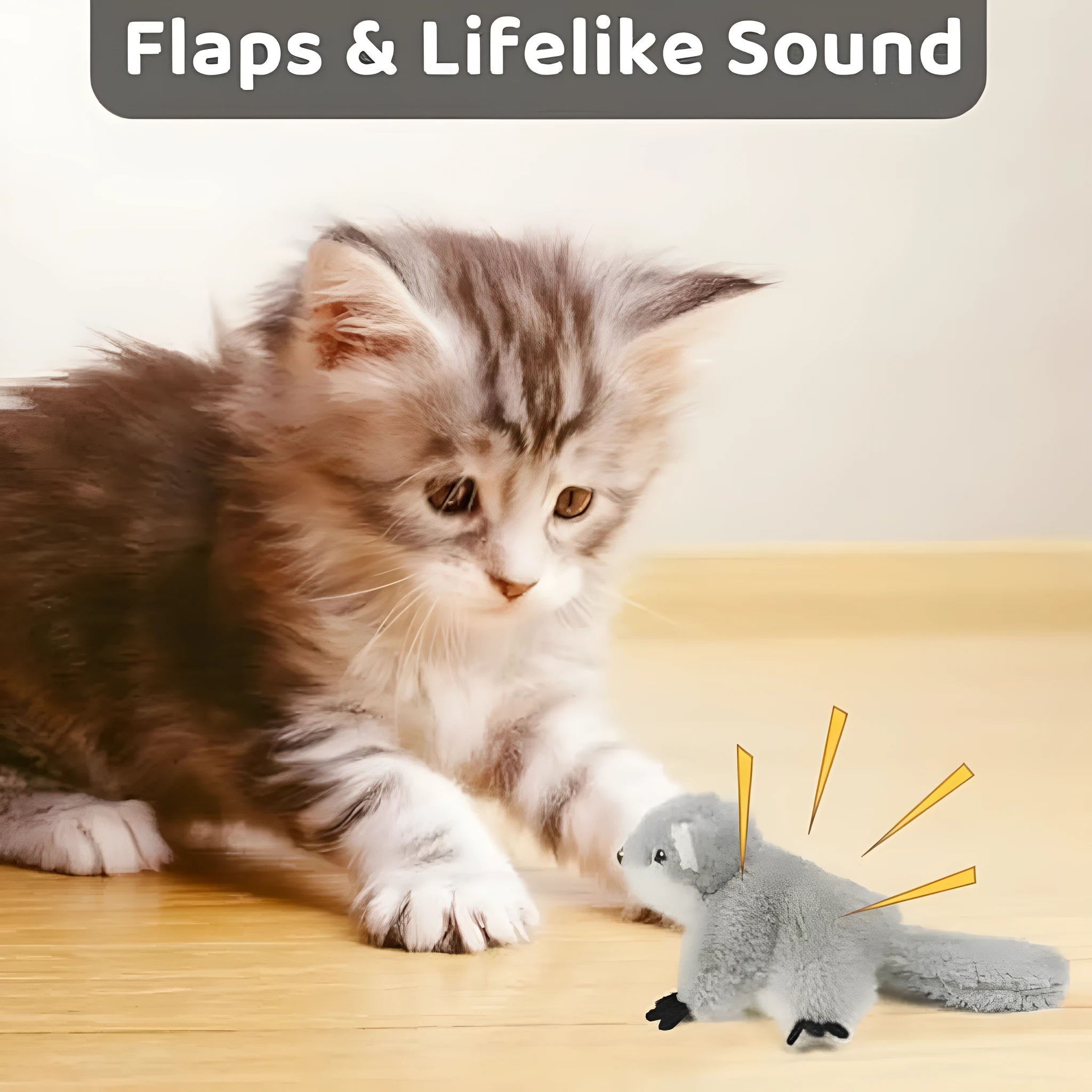 Grey flapping squirrel cat toy with USB charging cable on a plain background.