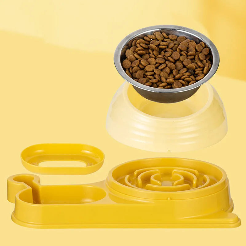 Elevated brown plastic cat food bowl with attached water bottle dispenser