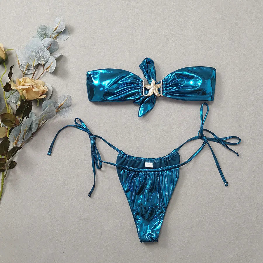 Women's glossy tube top bikini set in sapphire blue with gold starfish detailing