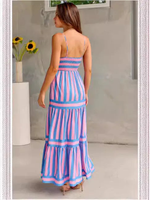 Women's striped printed summer dress with square neckline, backless design and pockets