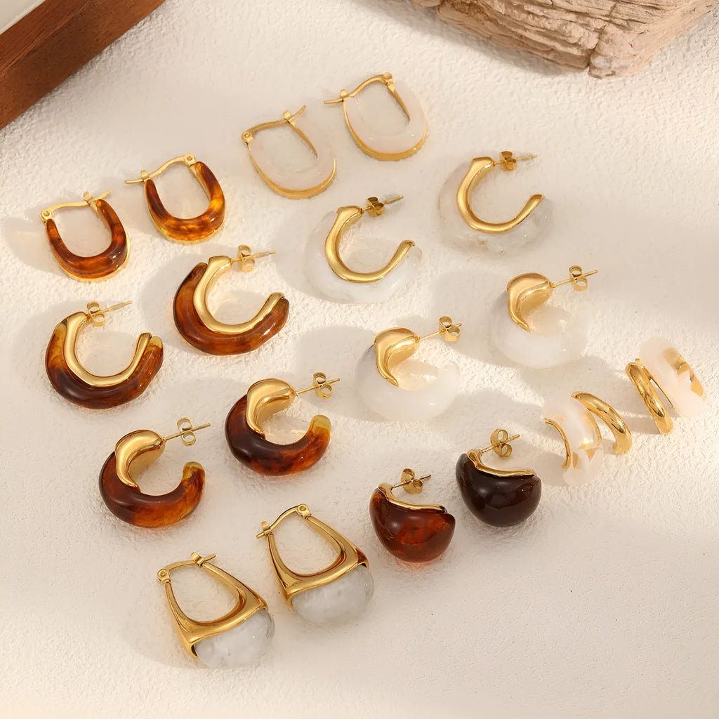 18K gold plated stainless steel hoop earring with amber resin detail, clip-on design, women's retro geometric style