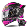 Double lens exposed motorcycle helmet in bright black and green lines with sun visor