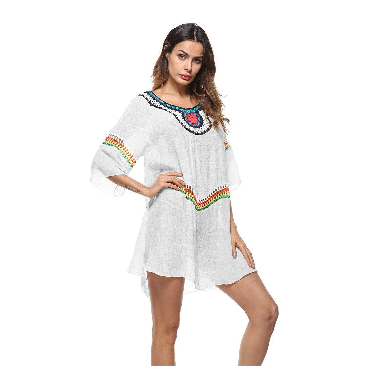 Crocheted ethnic style beach clothing for women in apricot colour with sun protection for swimming