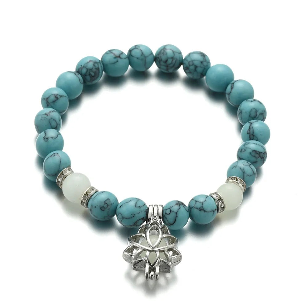 Luminous lotus natural stone bracelet with turquoise glow beads on elastic rope