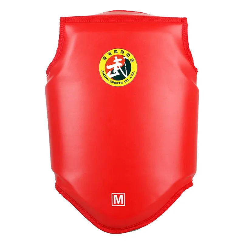 Red adult boxing helmet and one-piece chest protector set for martial arts training