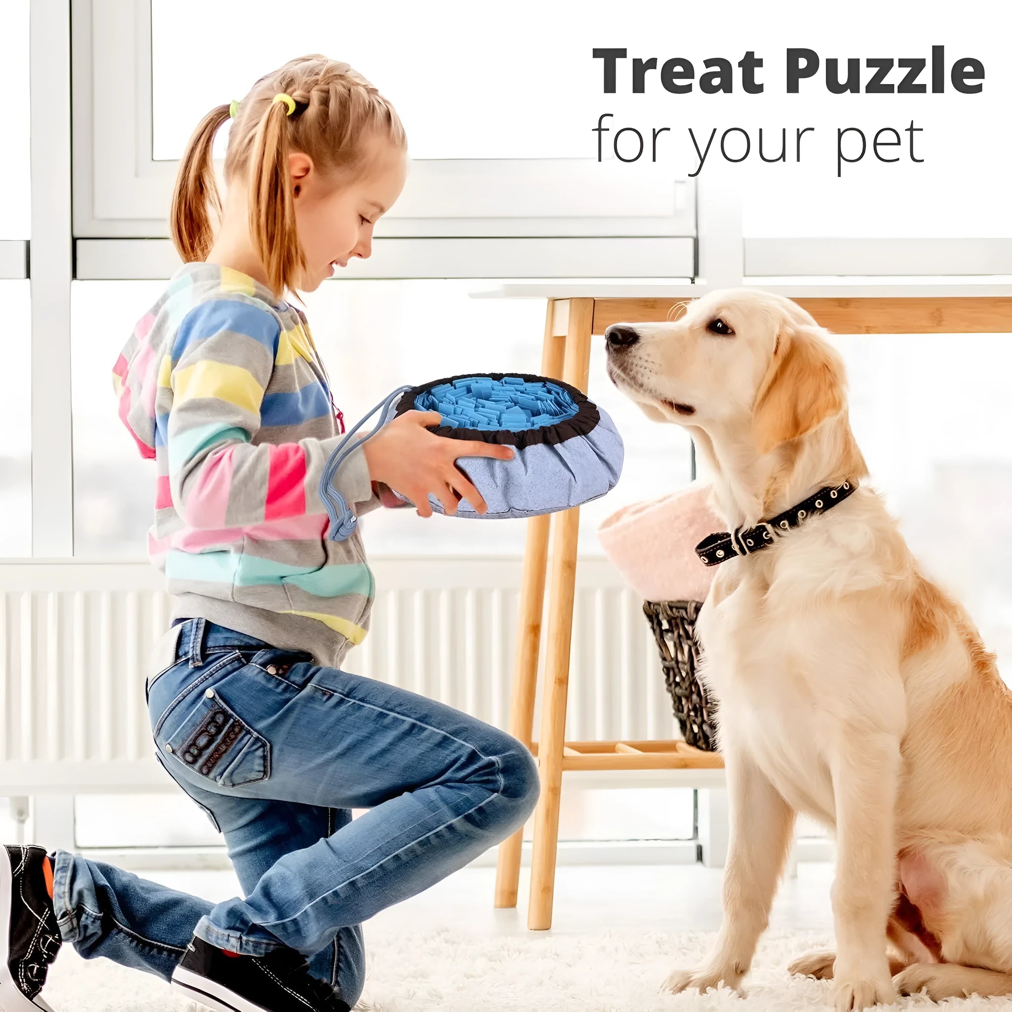 Large blue adjustable snuffle mat for dogs with fabric strips and non-slip backing