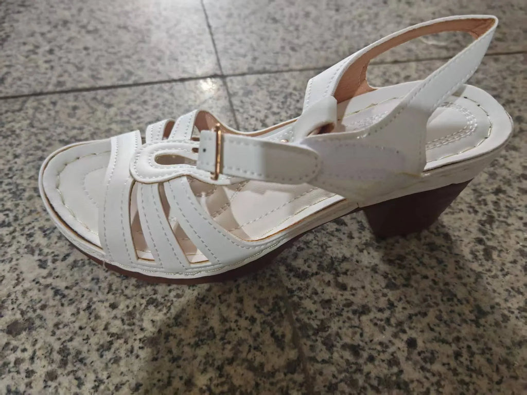 Women's black PU peep toe wedge sandals with an adjustable buckle strap.