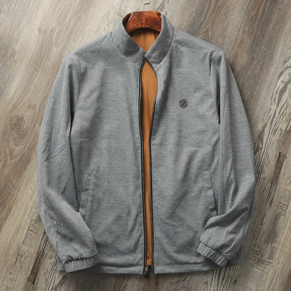 Men's stand collar casual jacket in Army Green, showing simple design and regular fit.