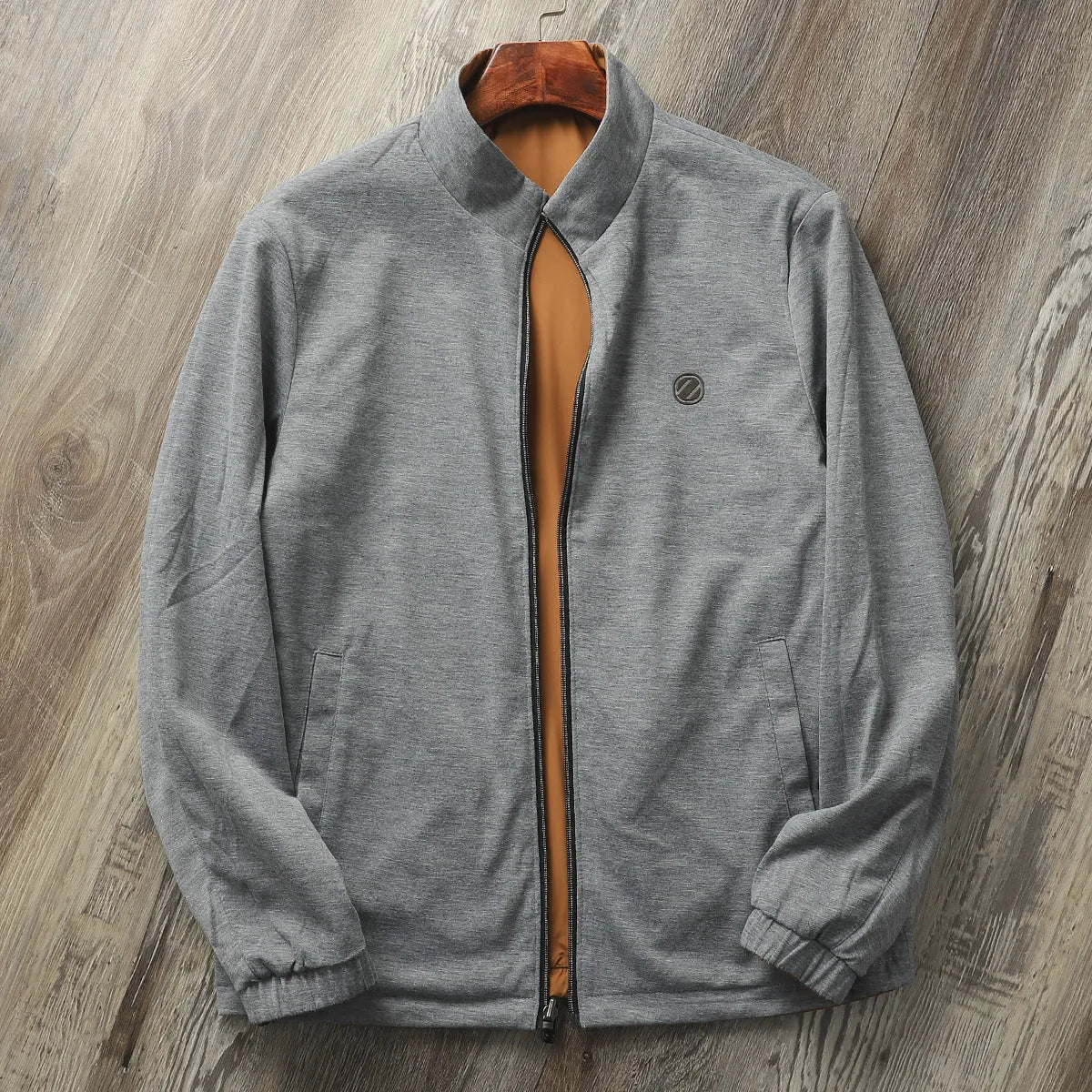 Men's stand collar casual jacket in Army Green, showing simple design and regular fit.