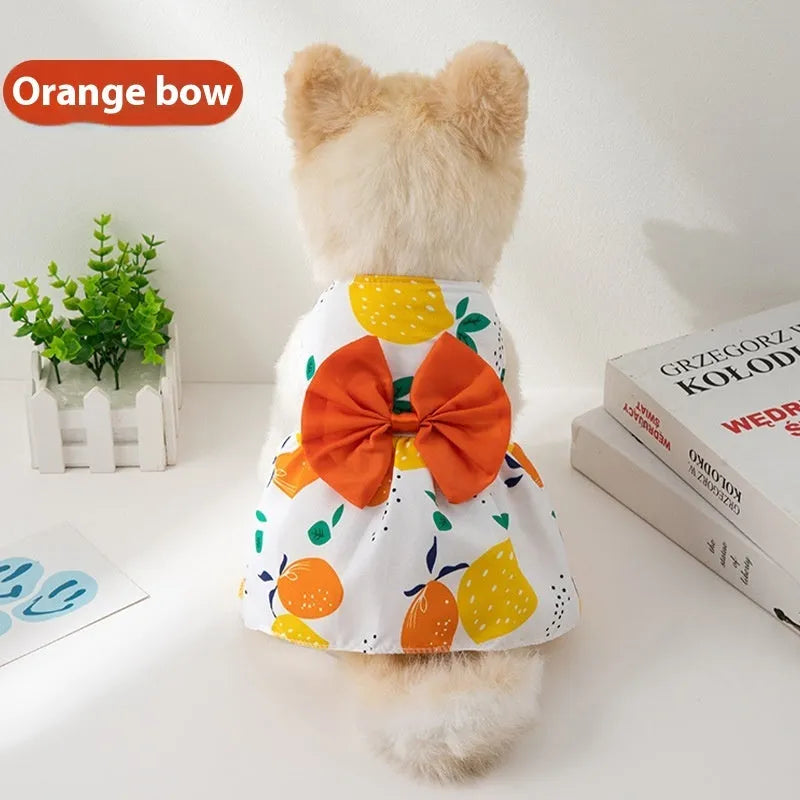 Polyester pet dress with floral butterfly princess design and decorative bow in multiple colour options