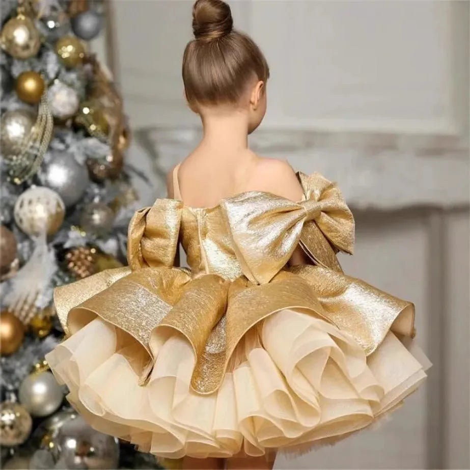 Gold satin one-year-old celebration dress for baby girl in princess style, polyester fabric, available in 80-150cm heights